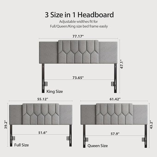 Upholstered Tufted Headboard, 3 in 1 Headboard for Full/Queen/King Size Bed, Height & Width Adjustable Head Boards, Attach Frame, Study & Comfortable, Ideal for Bedroom, Dorm, Guest Room, Grey