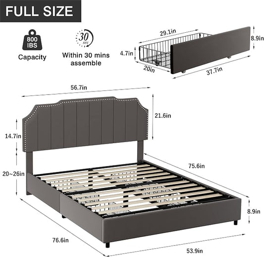 VECELO Full Upholstered Platform Bed Frame with 4 Storage Drawers,Velvet Vintage Full Bed with Nailhead Trim,Tufted Height Adjustable Headboard,Wooden Slats/No Box Spring Needed/Easy Assembly