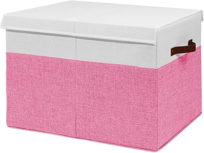 Mabahoo Large Toy Box, Collapsible Sturdy Storage Organize Chest Boxes With Lids, 25"x13"x16" Kids Toy Chest Bin Baskets for Living Room, Bedroom, Nursery, White & Pink