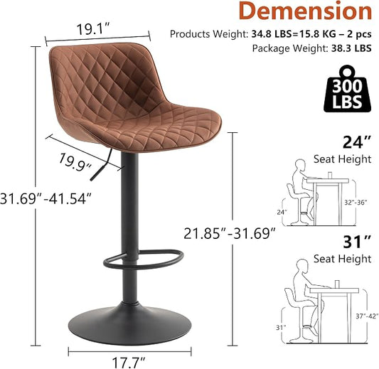 YOUTASTE Coffee Brown Bar Stools Set of 2 Adjustable Counter Height Barstools Faux Leather Bar Stool with Back Swivel Modern Metal Diamond Bar Chairs Home Kitchen Island Restuarant