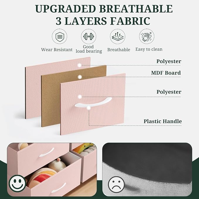 7-Drawer Dresser for Bedroom, Anti-Tip Wide Storage Organizer Fabric Chest of Drawers TV Stand for 45" TV with Wooden Top and Metal Frame for Closet, Living Room, Hallway, Entryway, Pink