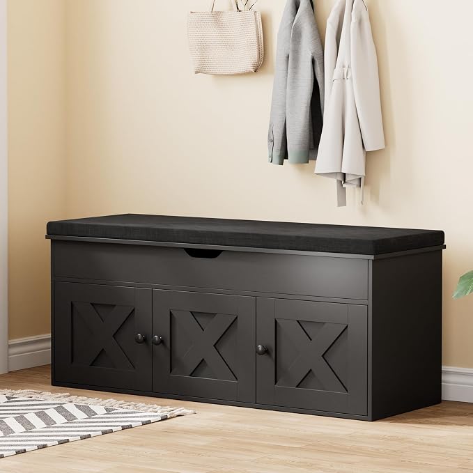 Homleke Shoe Storage Bench with Lift Top & 3 Barn Doors, Entryway Bench with Removable Cushion, Adjustable Shelf, Hidden Storage Cabinet for Hallway, Living Room, Bedroom - Black