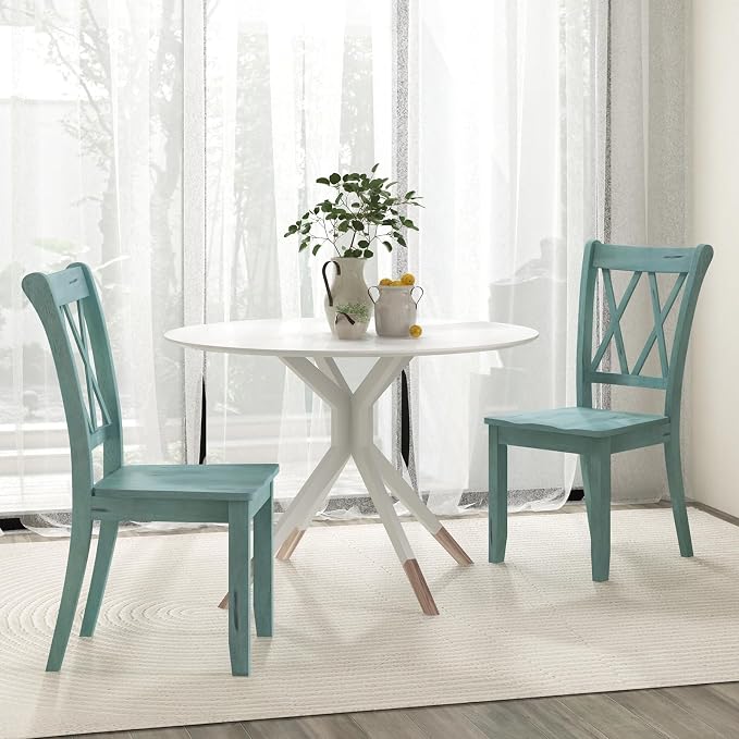 SIMOE Set of 2 Wooden Dining Chairs, Mid Century Farmhouse Kitchen Chairs, Solid Rubberwood Armless Side Chairs with High Back, Ergonomic Seats for Dining Room Living Room, Green