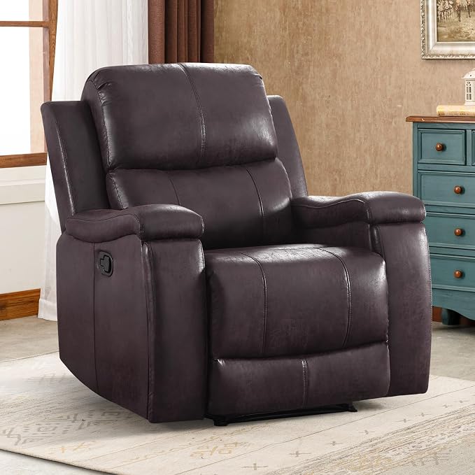 CANMOV Manual Recliner Chair Set of 2, Classic Faux Leather Recliner Chair with Overstuffed Arms and Back, Manual Single Sofa with Concealed Cup Holders, Dark Brown