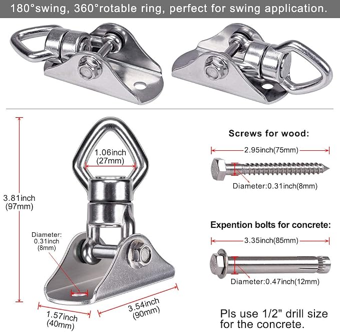 BeneLabel 800LB Capacity Swing Hanger with Bearing Swivel Stainless Steel Ceiling Mount Hanging Kit for Aerial Silks, Swings, Hammocks, Hanging Chair, Heavy Bag
