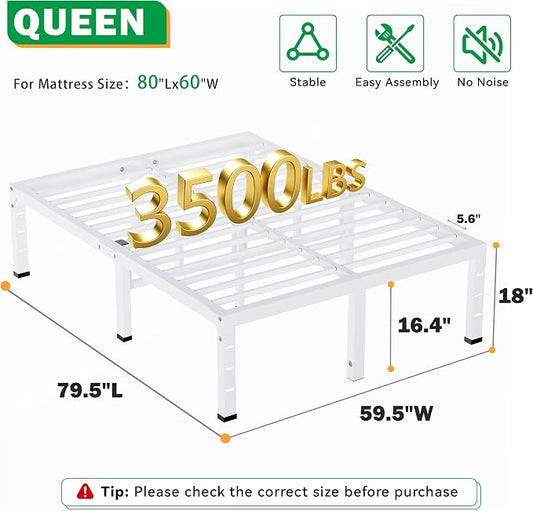 18 Inch Queen Bed Frames,Heavy Duty Metal Queen Size Platform 3500 lbs Capacity, No Box Spring Needed, 6 Mattress Slide Stopper, Headboard Holes, Noise-Free, Easy Assembly, White