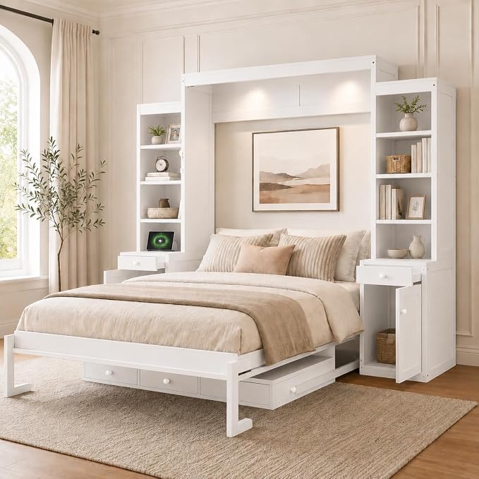 Queen Murphy Bed with Desk, Wall Bed Cabinet with Storage Shelves, Enclosed Cabinets and Hidden Foldout Workstation, Folding Cabinet Bed, Space Saving Bed for Guest Room, Home Office (Antique White)
