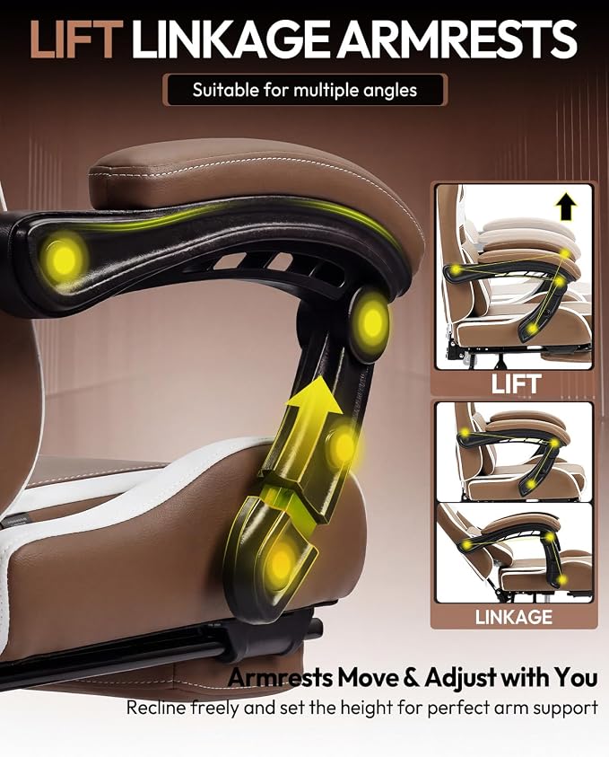 Dowinx Ergonomic Gaming Chair with Footrest & Massage Lumbar, 2D-Linkage Armrests for Computer Chair 330lbs with Headrest Pillow for Office, Home, Streaming and Long Gaming Sessions, Fabric Brown