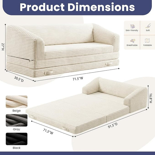 JUIKURY Convertible Sofa Bed, 3-in-1 Foldable Loveseat Couch with Armrest, Corduroy Floor Sofa & Sleeper Bed, No Assembly High-Density Foam Futon Mattress for Living Room, Small Apartment, Dorm