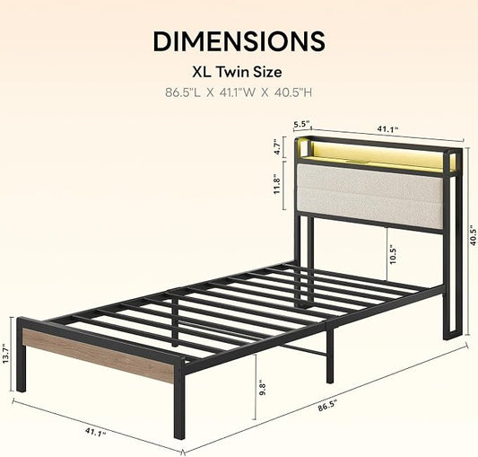 LIKIMIO Twin XL Bed Frame with Storage Headboard and LED Lights, Metal Platform Bed with Charging Station, Noise Free, No Box Spring Needed, Under Bed Storage, Natural and Cream
