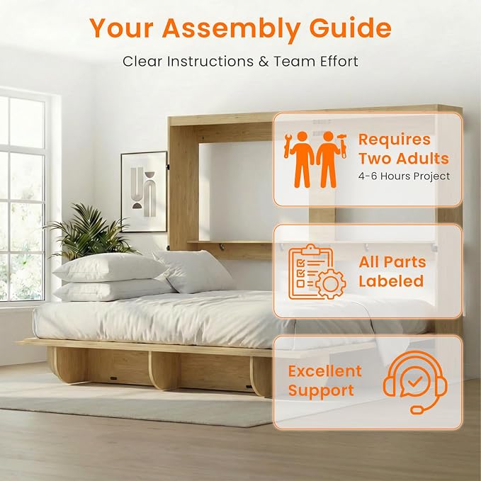 CECER Horizontal Murphy Bed Queen,Save Space for Offices/Guest-Natural Wood | Multi-Functional Queen Murphy Cabinet Beds with Storage Shelf/Bookshelf,Sturdy frame & Easy Assemble
