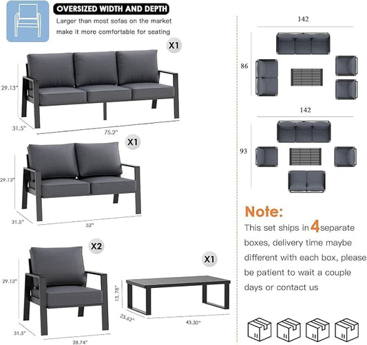 Aluminum Outdoor Patio Furniture Set, 5 Piece Sectional Coversation Sets with Coffee Table, Modern Outdoor Sofa Couch with Thick Cushions for Porch, Balcony, Garden, Dark Gray