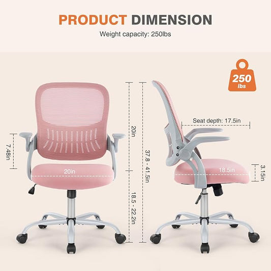 Sweetcrispy Home Office Managerial Executive Chair, Ergonomic Mesh Adjustable Swivel Mid-Back Chair with, Flip-up Arms, Comfortable Lumbar Support, Comfy Arms for Bedroom,Study,Student