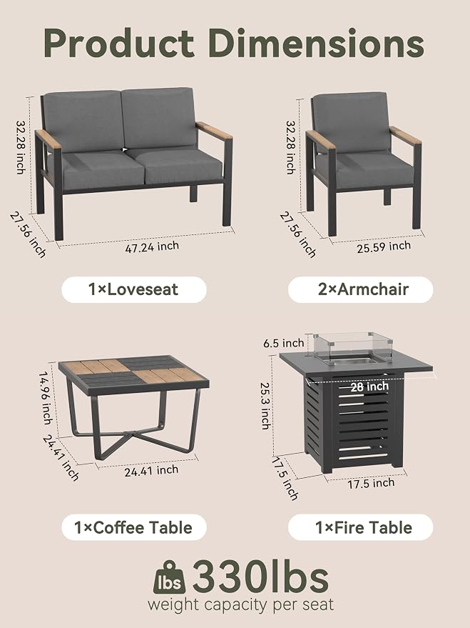 5-Piece Patio Furniture Set with Fire Pit Table & Coffee Table & Removable Washable Cushions, All-Weather Metal Frame and Wood-Like Armrests for Porch, Garden, Balcony,Black