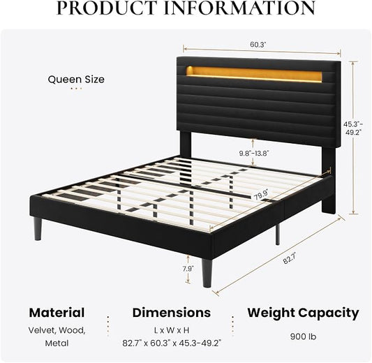 SHA CERLIN Queen Bed Frame with LED Light & 2-Tier Storage Shelf, Velvet Upholstered Adjustable Headboard with Charing Station, Horizontal Channel Tufted, No Box Spring Needed, Easy Assembly, Black