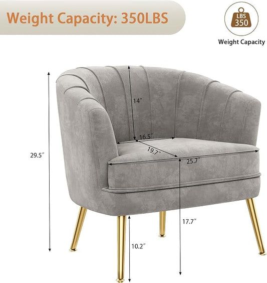 Andeworld Velvet Accent Chair Set of 2, Upholstered Modern Single Sofa Side Chair,Comfy Barrel Club Living Room Armchair with Golden Metal Legs for Bedroom Living Reading Room Office, Grey