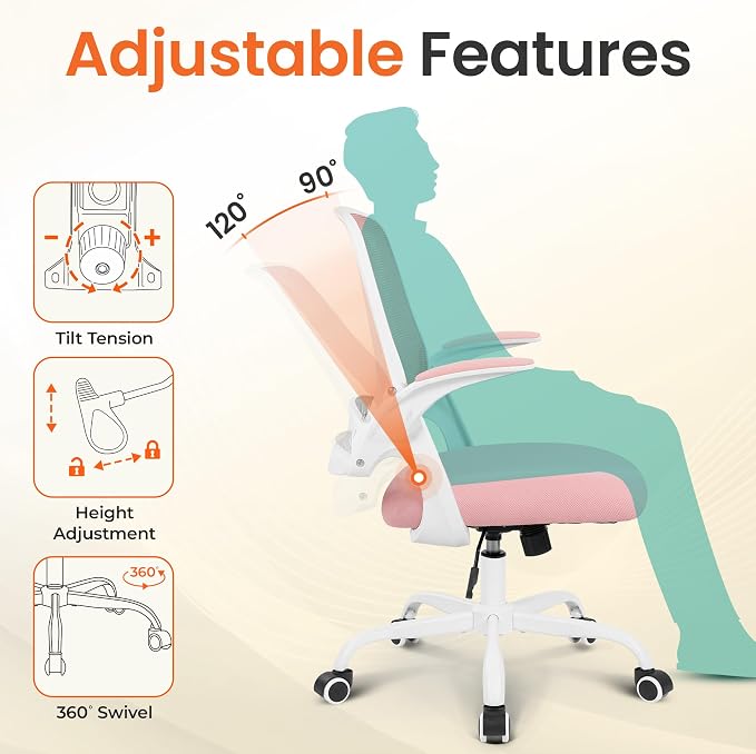 NEO CHAIR Office Chair Computer Desk Chair Ergonomic Gaming Comfy Mesh with Flip-up Arms Lumbar Support Adjustable Height Rolling Wheels for Home Office (Pink)