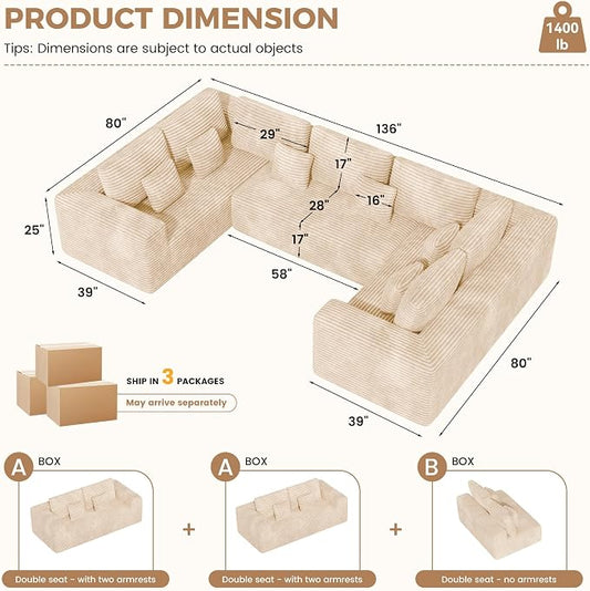 Luxanimarion 136'' Sectional Cloud Couches with Chaise, U Shaped Boneless Oversized 6 Seater Sofa, No Assembly Required Deep Seat Lounge for Living Room 3PCS Set, Bedroom(Khaki)