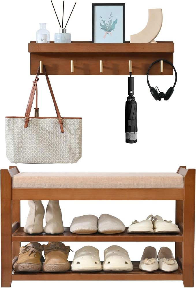 PETKABOO Shoe Rack for Front Door Entrance, 28” Entryway Bench with Coat Rack, Hall Tree Shoe Bench with Storage for Entry, Hallway, Bedroom, Living Room