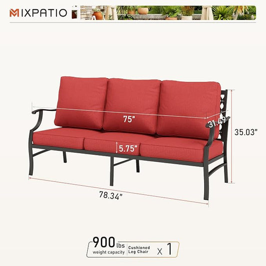 MIXPATIO Patio Couch Metal 3-Seat Outdoor Sofa Deep Seating Outdoor Furniture Red Cushion for Front Porch, Deck, Balcony, Backyard, Sunroom