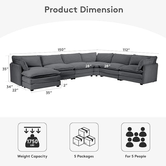 ROWHY 150'' Modular Sectional Corner Cloud Couch, 7 Seater Sofa Big Comfy Corduroy V Shaped Couch with 4 Throw Pillows, Movable Ottoman, Couches for Living Room Office Dark Grey