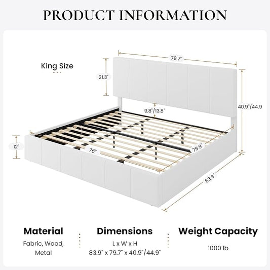 SHA CERLIN King Size Bed Frame, Velvet Upholstered Platform Bed, Vertical Channel Tufted Adjustable Headboard, Low Profile Bed Frame, No Box Spring Needed, Easy Assembly, White