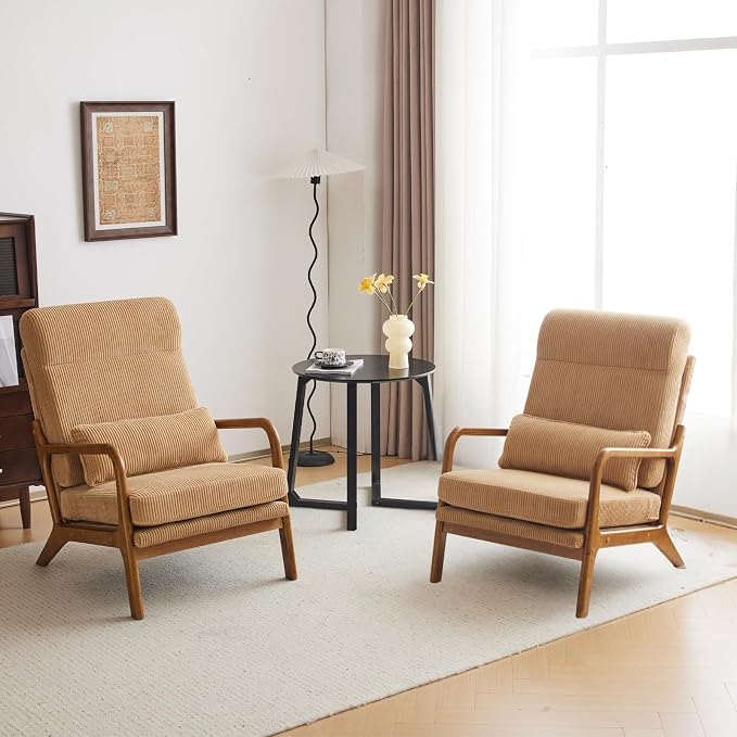 Karl home Accent Chair High Back Mid-Century Modern, Khaki | Corduroy Upholstered, Walnut Color Solid Rubber Wood Frame, Soft Cushion with Pillow, For Living Room, Bedroom, Balcony