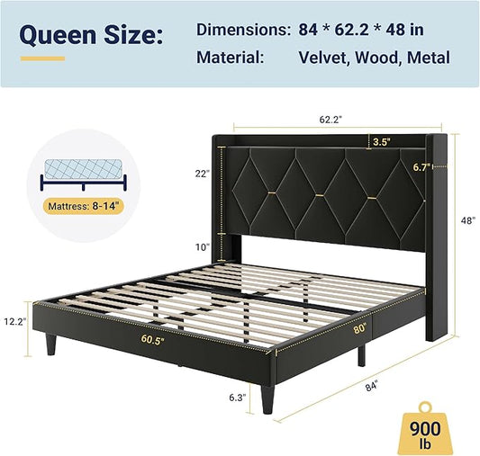 Allewie Velvet Queen Upholstered Bed Frame with Wingback Storage Headboard & Charging Station, Platform Bed with Diamond Tufted Design & Gold Trim, No Box Spring Needed, Easy Assembly, Black
