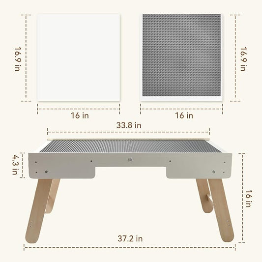 Youuys 3 in 1 Wooden Kids Activity Table & Building Board Compatible with Building Block,Storage Play Table Reversible Top Legs Fold for Easy Under Bed Storage (No Chairs)