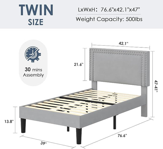 VECELO Twin Size Platform Bed Frame with Height Adjustable Upholstered Headboard, Modern Mattress Foundation,Strong Wood Slat Support, No Box Spring Needed, Easy Assembly,Light Grey