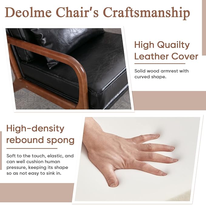Mid Century Modern Accent Chairs Set of 2 Living Room- Comfy Wood Arm Chair with Lumber Pillow Lounge Decorative Black Faux Leather Office Side Chair for Bedroom Reading Waiting Room Easy Assembly