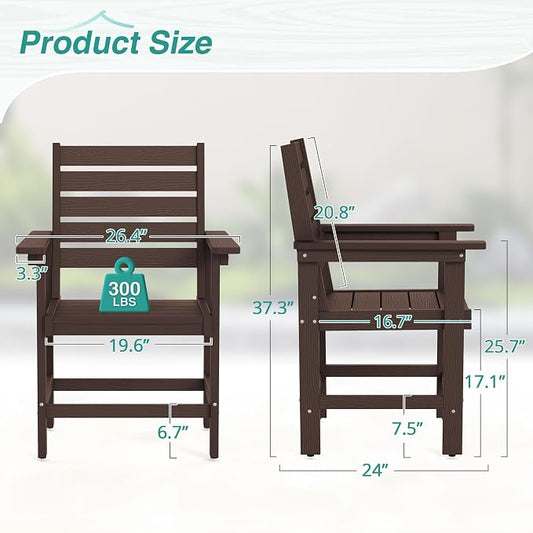 Patio Dining Chairs Set of 2, HDPS Weather Resistant Outdoor Chairs with Armrest, Heavy Duty 300LBS Support Patio Chairs for Backyard Deck Porch Balcony, Dark Brown
