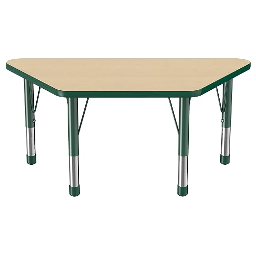 FDP Trapezoid Activity School and Classroom Kids Table (24 x 48 inch), Chunky Toddler Legs for Collaborative Seating Environments, Adjustable Height 15-24 inches - Maple Top and Green Edge