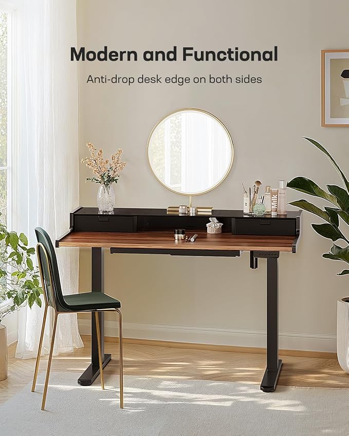 Marsail Electric Standing Desk with Drawers, 48 x 24 Inch Stand Up Desk with Glass Monitor Stand, Height Adjustable Desk with Drawers for Home & Office, 4 Preset Heights, Black Walnut