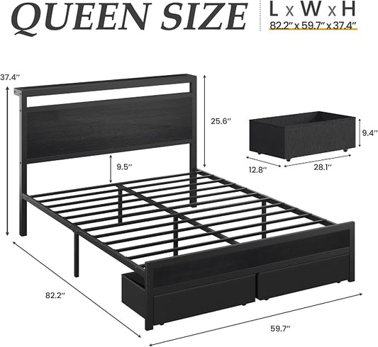 Fluest Queen Bed Frame,Queen Bed Frame with Storage Headboard & 2 Storage Drawer, Charging Station & LED Light, No Box Spring Needed, Noise Free, Easy Assembly, Classic Black