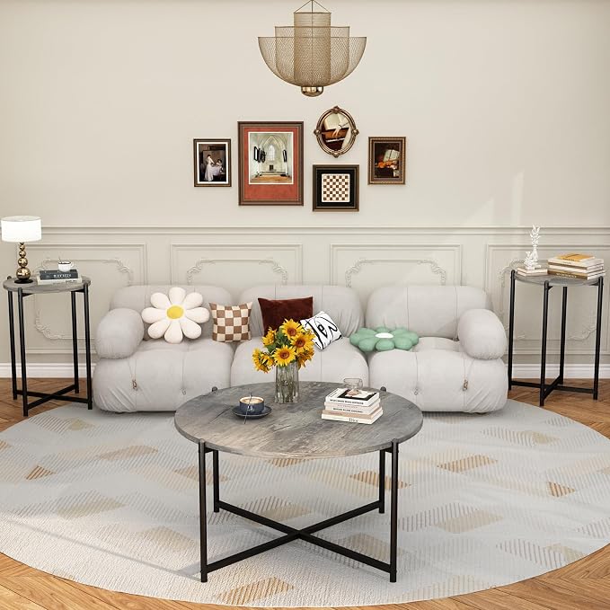 AWQM Faux Marble Coffee Table Set of 3, 1 Coffee Table & 2 Sofa Table, Round Tabletop and Metal Cross Base Frame,Perfect for Living Room Apartment, Grey