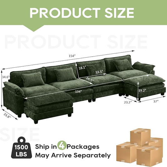 Oprisen 154" Modular Sectional Sofa, Comfy Cloud Couch Sectional Sofa with Ottoman, Chenille Sofa Sleeper Deep Seat Sofa with Throw Pillows for Living Room (Green, 154"- U Shape)