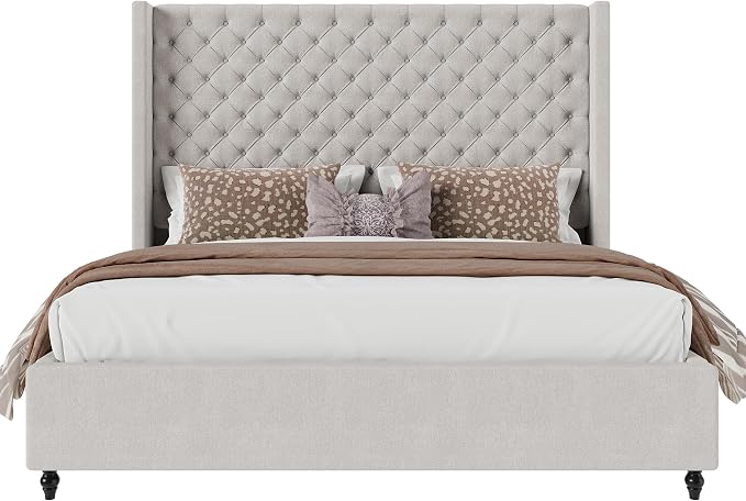 Jocisland Queen Size Bed Frame with 63" Tall Headboard, Upholstered Wingback Platform Design, Handcrafted Pleats & Deep Button Tufted, Solid Wood Legs, No Box Spring Needed, Ash White