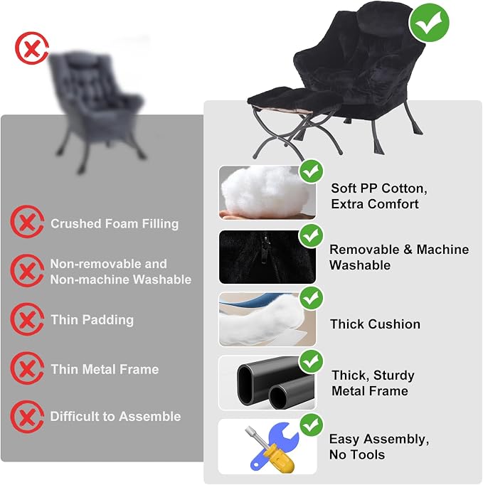 Furlide Lazy Chair with Ottoman, Modern Accent Chair with Armrests and a Side Pocket, Plush Black Accent Chairs, Reading Chairs, Oversized Armchairs for Bedroom, Study, Living Room, Courtyard