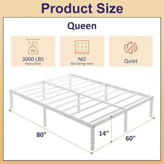 YUSENHEEI 14 Inch Queen Bed Frame No Box Spring Needed, Heavy Duty Metal Bed Frame Queen Size with Large Underbed Storage Space, Noise Free, Easy Assembly, White