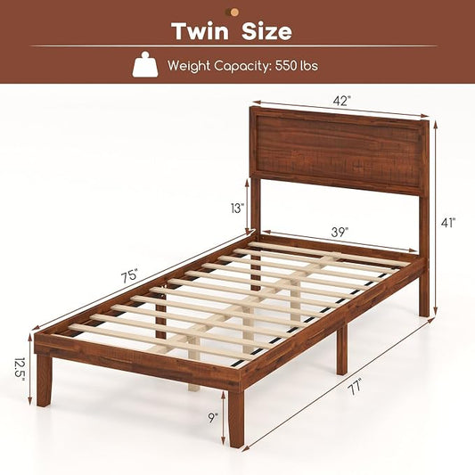 KOMFOTT Twin Size Wood Bed Frame with Headboard, Solid Acacia Wood Platform Bed Frame, Wooden Slats Supported Bed Base with Under-Bed Storage Space, No Box Spring Needed Mattress Foundation