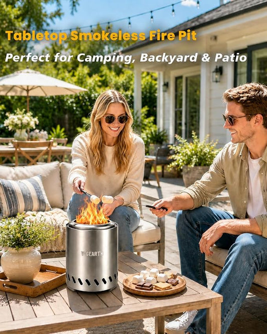 Tabletop Fire Pit 9.7 x 7.1 In, Portable Smokeless Mini Fire Pit for Patio & Camping, Stainless Steel Table Top Firepit for Wood Pellets, with Heat-Resistant Mat, Travel Bag & Roasting Sticks