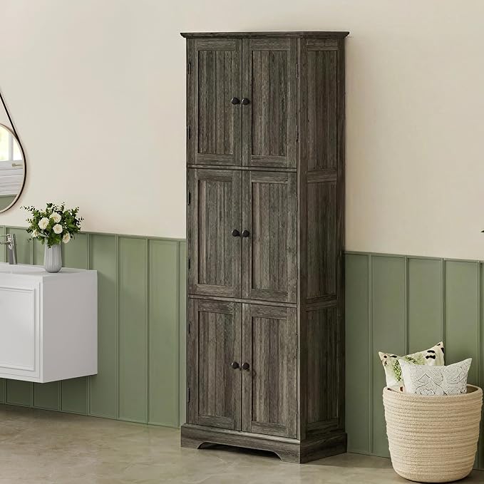 ChooChoo Tall Bathroom Storage Cabinet with 6 Doors, Freestanding Floor Cabinet with Adjustable Shelves, Rustic Weathered Gray Pantry Cabinet for Bathroom, Kitchen, Laundry Room