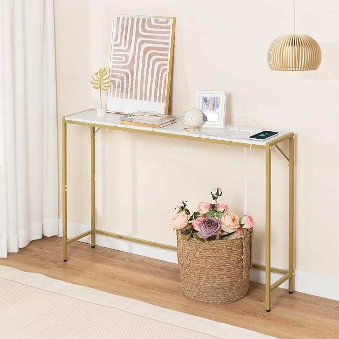 MAHANCRIS Console Table, Narrow Sofa Table, 43.7” Entrance Table with Power Station, Behind Couch Table, Simple Style, for Living Room, Hallway, Entryway, Foyer, Marble and Gold CTJM112E01
