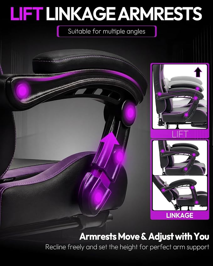 Dowinx Ergonomic Gaming Chair with Footrest & Massage Lumbar, 2D-Linkage Armrests for Computer Chair 330lbs with Headrest Pillow for Office, Home, Streaming and Long Gaming Sessions, Fabric Purple