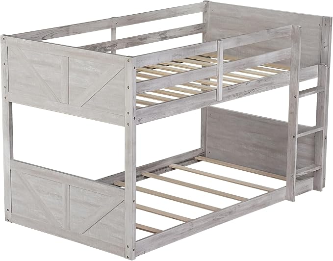 Twin Over Twin Floor Bunk Bed with Ladder,Rustic Rubber Wood Kids Beds with Panelled Headboard & Footboard,Safety Guardrails,Low-Profile Space-Saving Vintage Bunks for Children Bedroom,Antique White