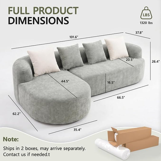 Modular Sectional Boneless Couches, Cloud Sectional Couch with L-Shape Curved Chaise, Modern Comfy Chenille Sofa with Deep Seat for Living Room, Bedroom, No Assembly Required (GreenB)