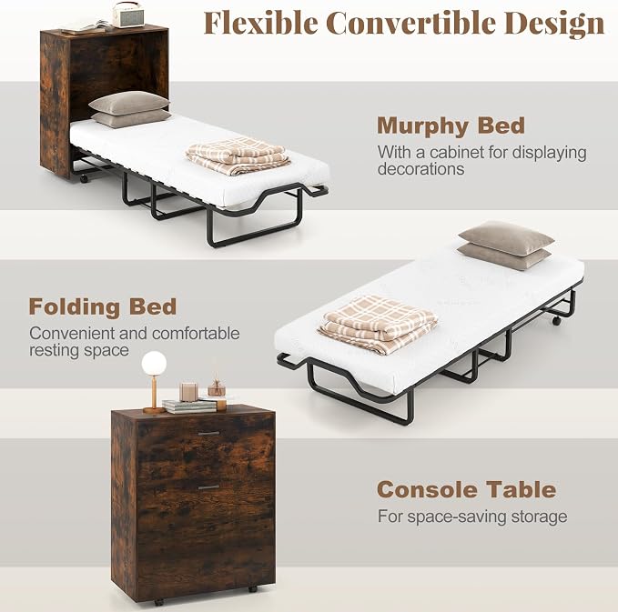 KOMFOTT Murphy Bed Cabinet, Rolling Folding Bed into Cabinet with Mattress & Lockable Wheels, Folding Bed Frame for Small Space, Roll Away Pull Out Murphy Bed for Guest Room Office