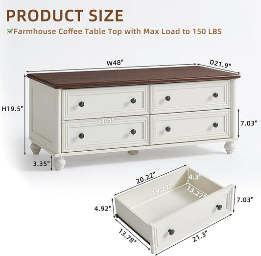 RWYHG 48" Farmhouse Coffee Table with Hidden Storage,Wooden Coffee Tables with 4 Drawers & Roman Column Handle,Rectangular Rustic Center Table with Solid Wood Curved Base for Living Room,Office,White
