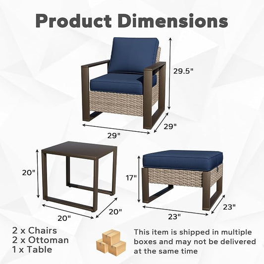 Joyside Outdoor Patio Chairs, 4 Pieces Wicker Rattan Furniture Set, 2 Patio Chairs, 2 Ottoman and 1 Table, Metal Wide Armrest, Thick Cushions and Deep Seating for Garden, Backyard, Porch, Deck